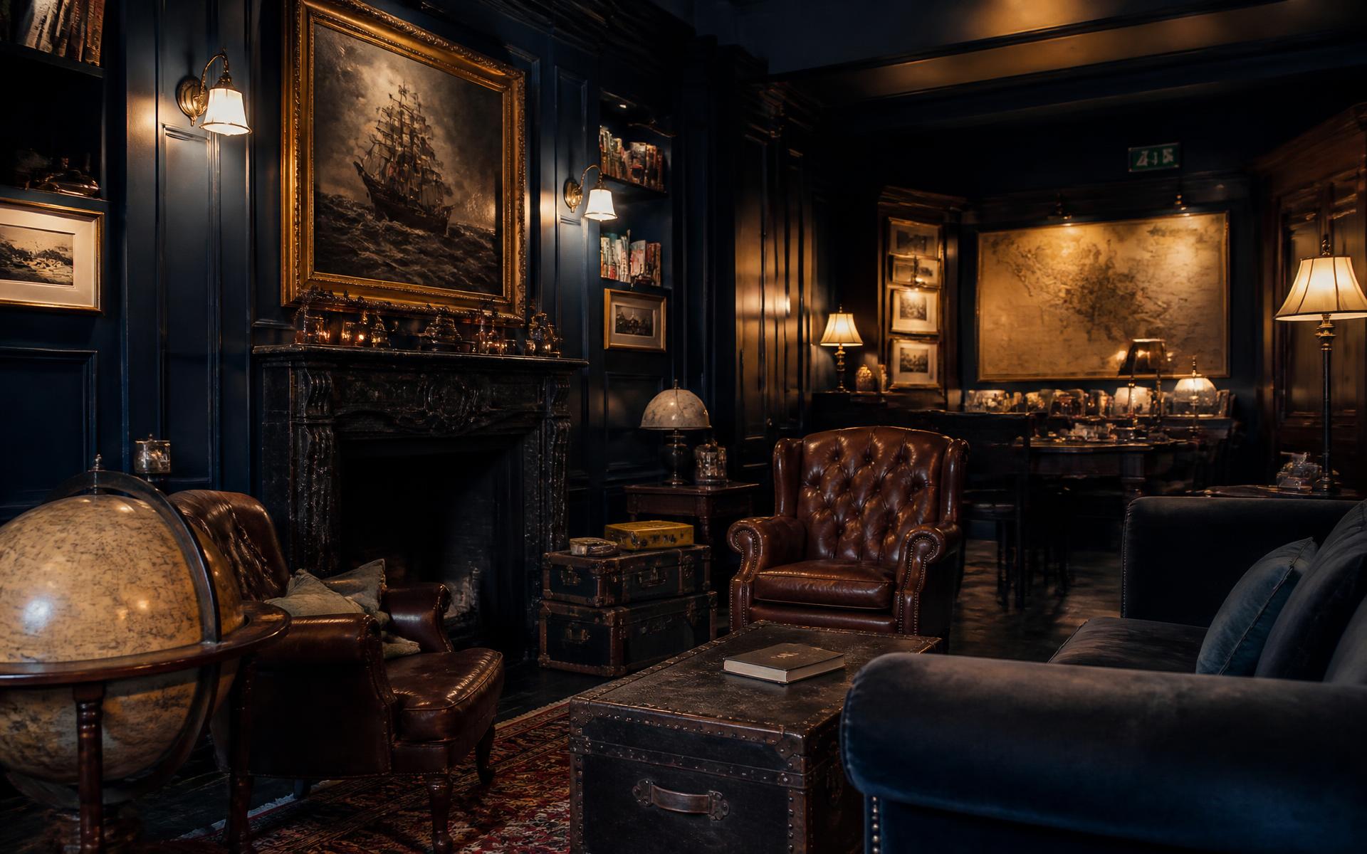 A private club lounge with leather armchairs, an antique globe and vintage suitcases