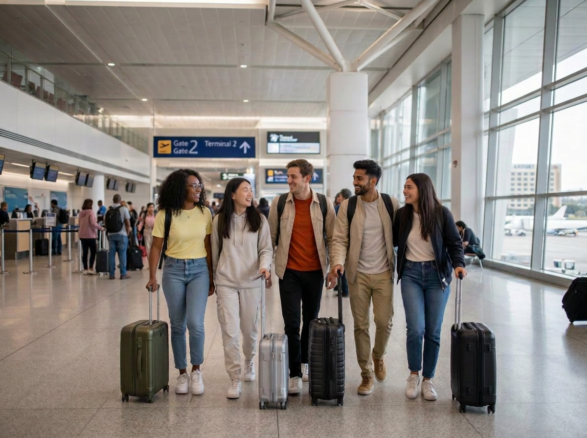 Five friends of different ethnicities laughing together as they pull their suitcases through an airport terminal