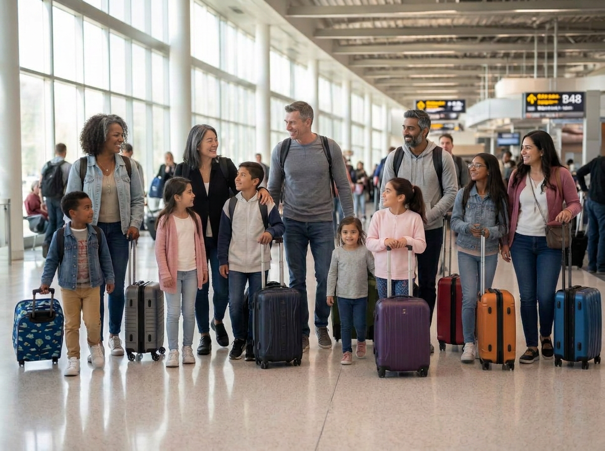 The same five friends ten years later, back at the airport with their sons and daughters