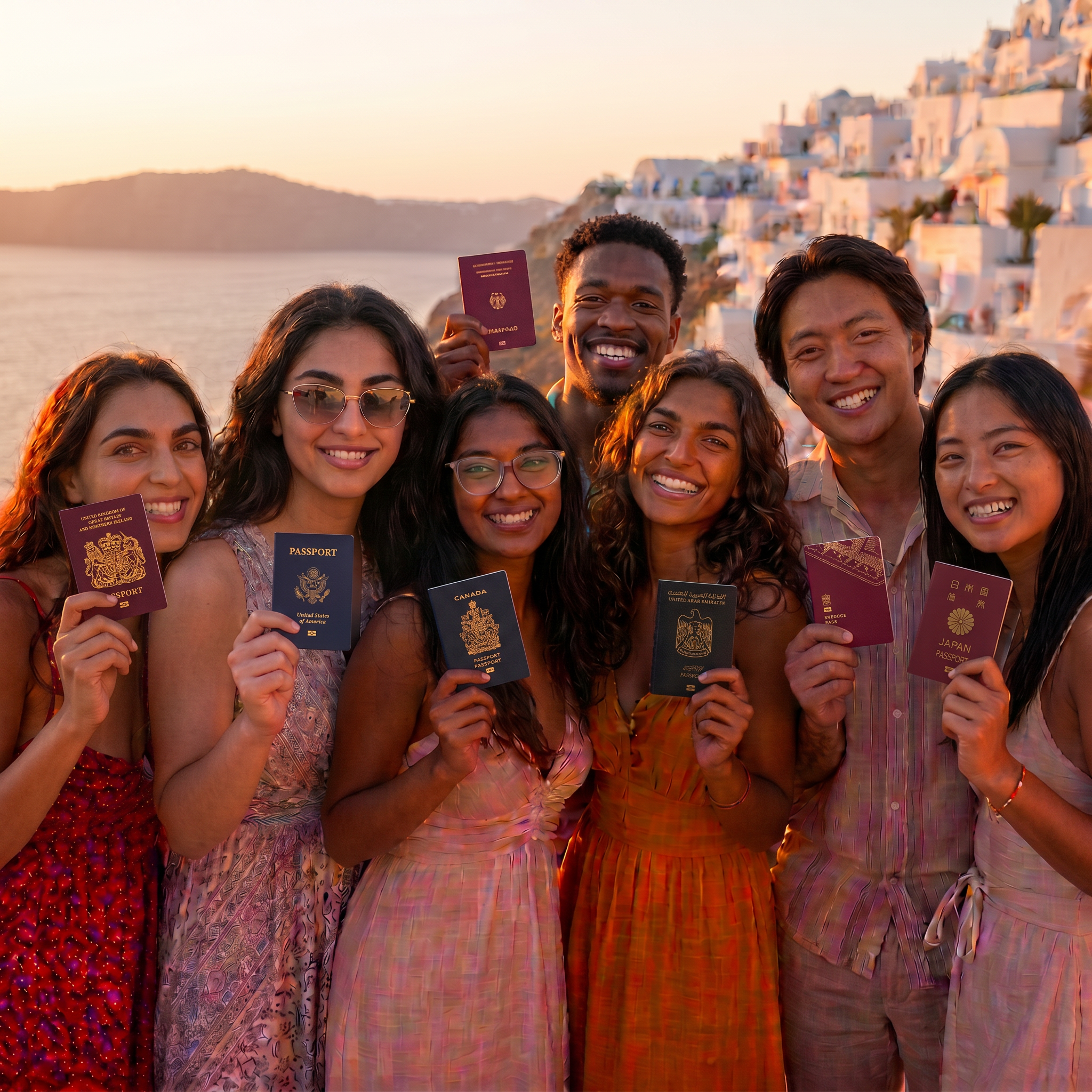 The friends' children, now grown-up adults, smiling together abroad with their passports in hand