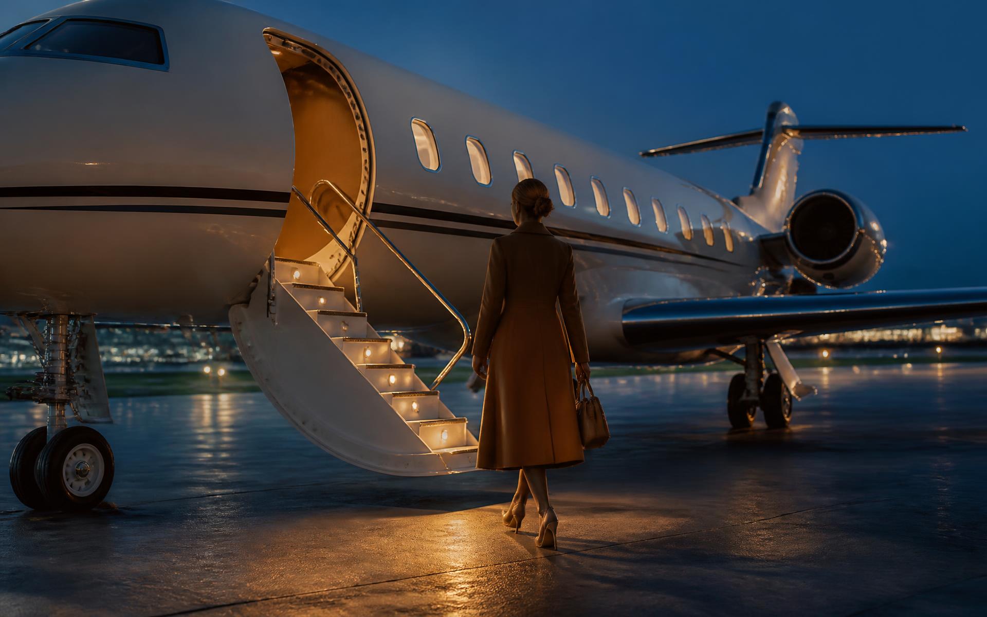 Private jet waiting on the tarmac at golden hour