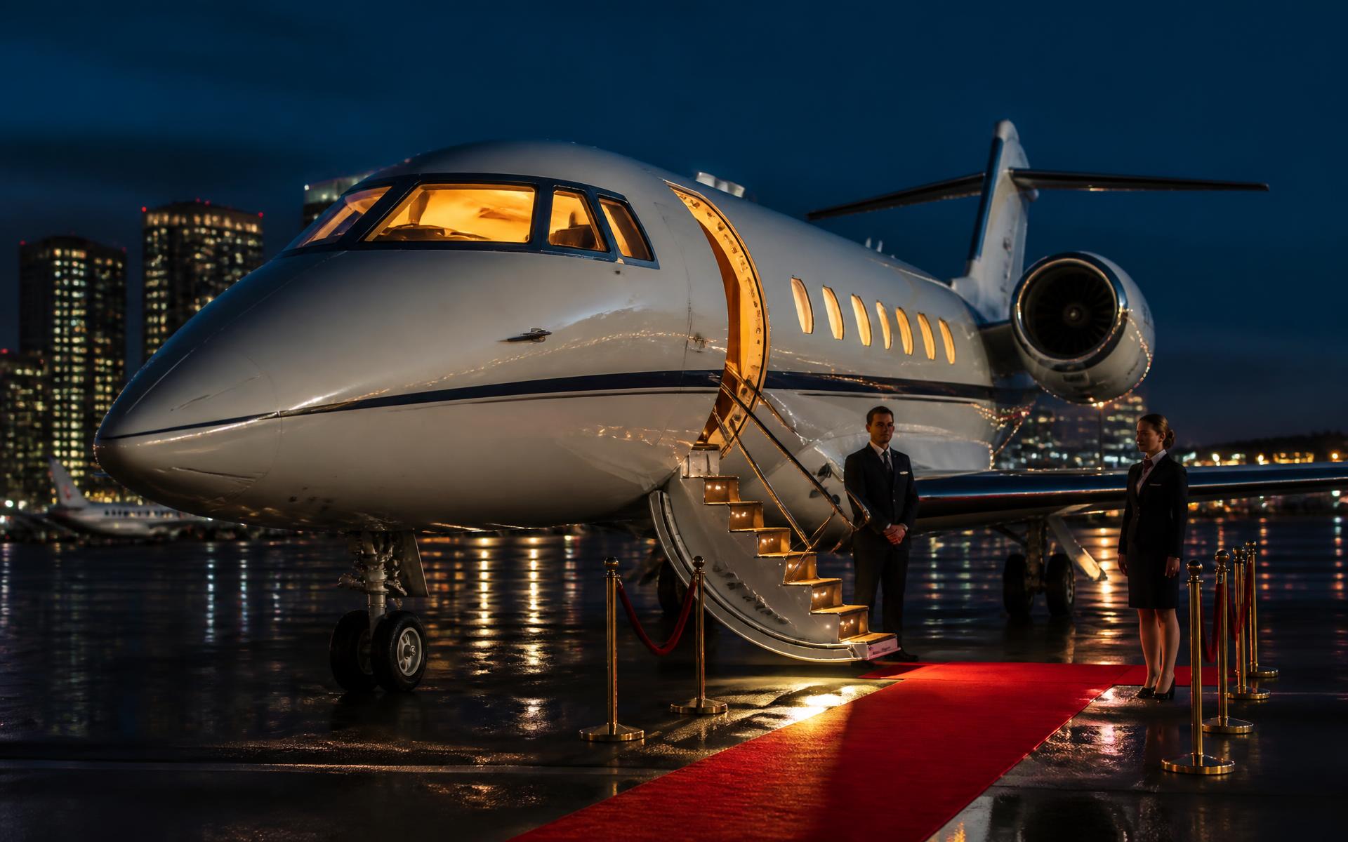 Private jet lit on the apron at dusk with a red carpet at the steps