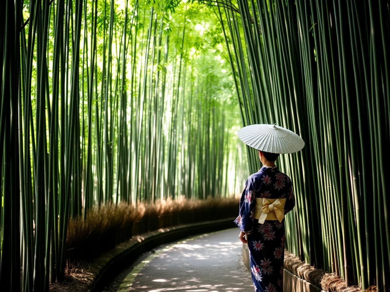 Kimono walk through the bamboo groves