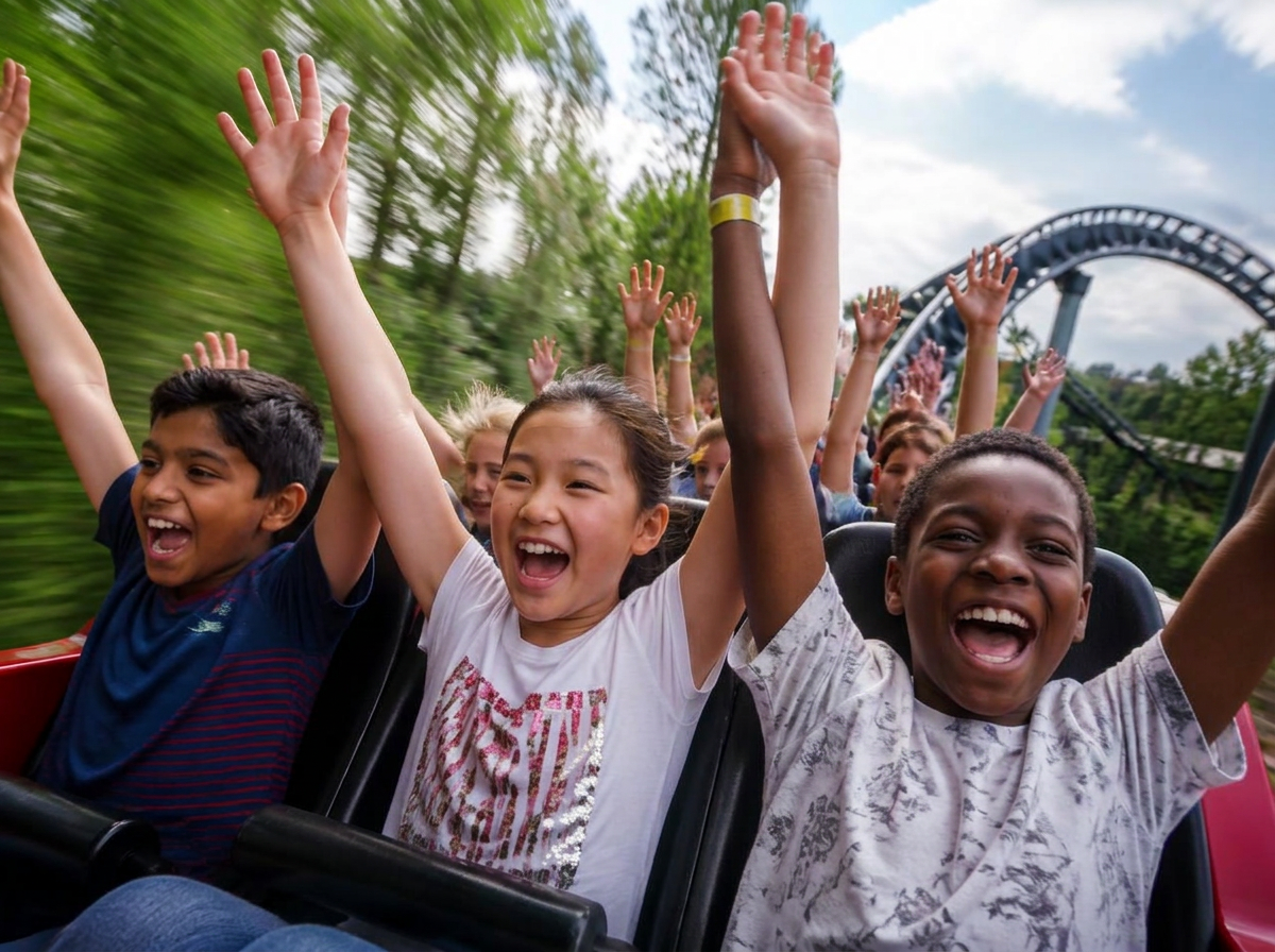 Children laughing with their hands in the air on a theme park rollercoaster