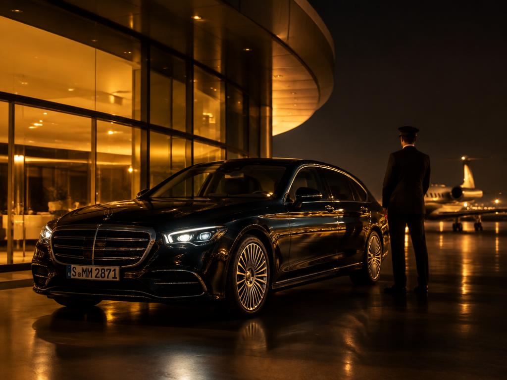 A chauffeur waiting beside a black luxury car outside a private airport terminal at night