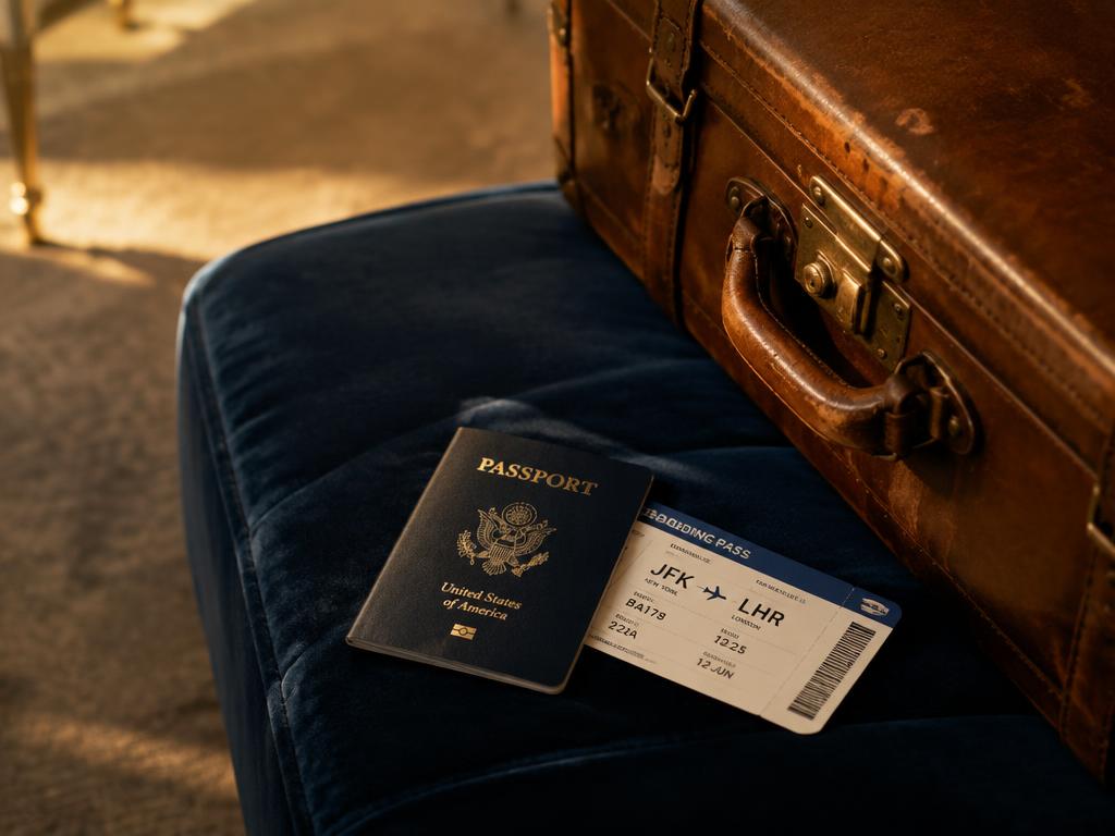 A passport, boarding pass and vintage leather suitcase resting on a navy velvet bench