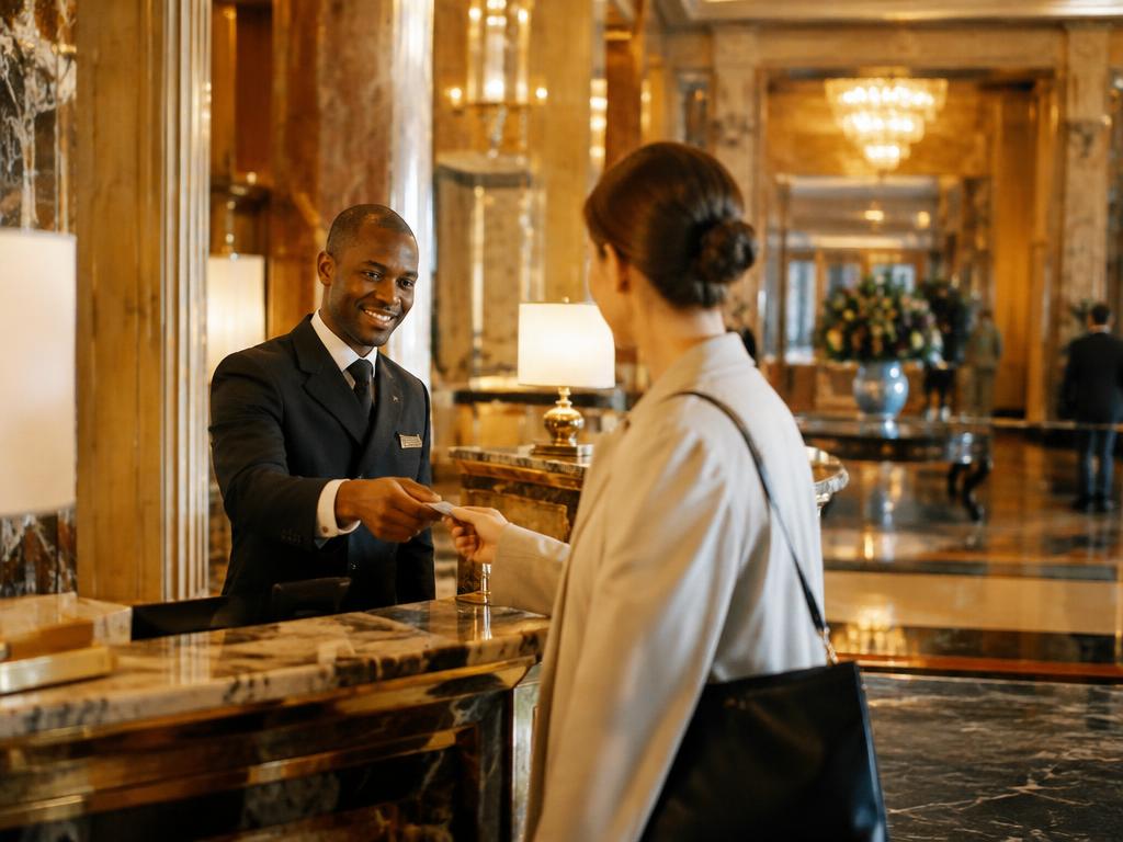 A concierge handing a room key to a guest in a grand five star hotel lobby
