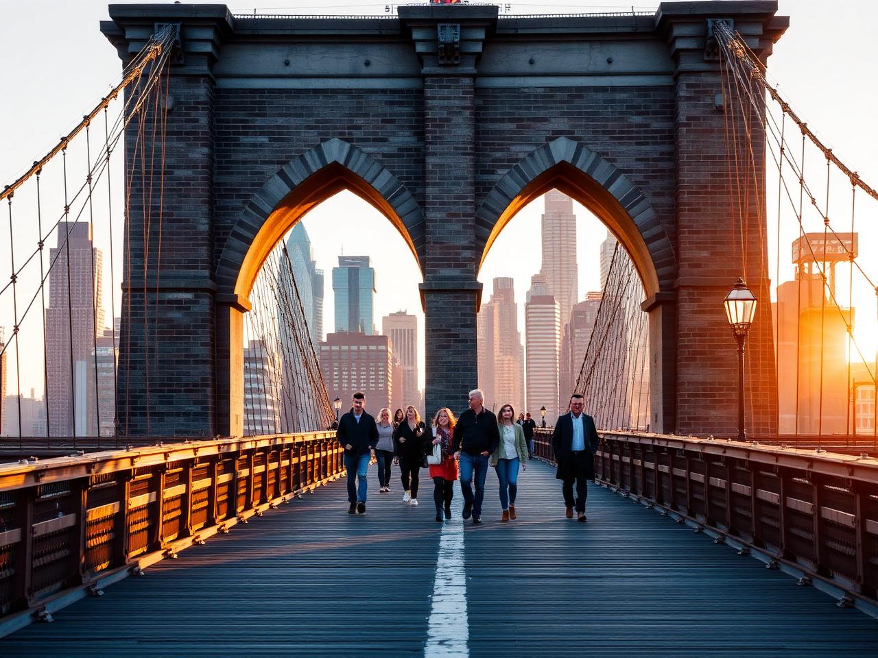 Walking the Brooklyn Bridge at dawn
